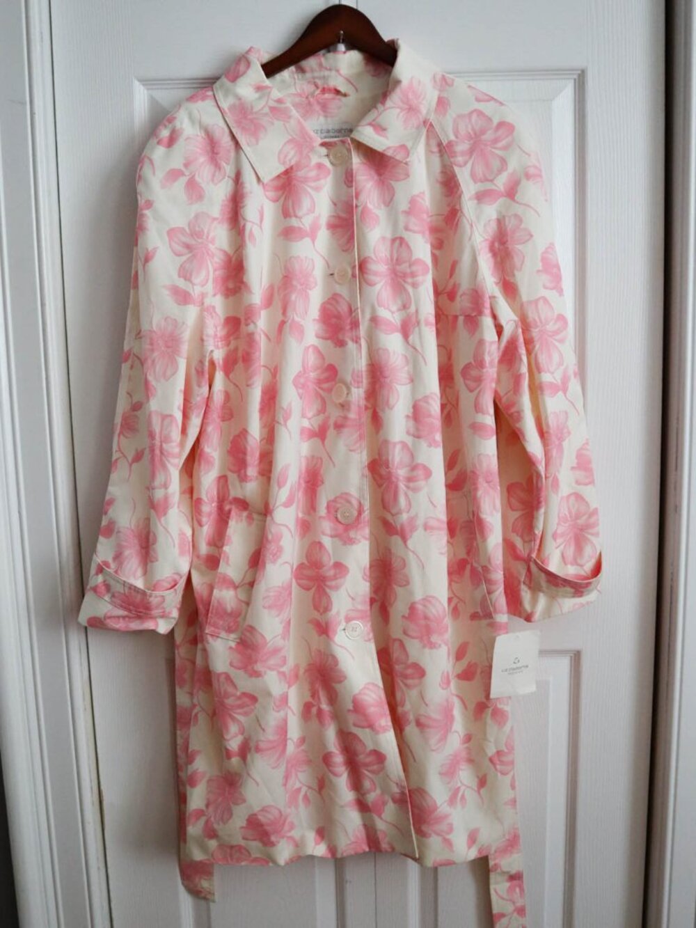 Liz Claiborne Woman Plus Size Floral Trench Coat Sz 3x Pink & White Cottagecore